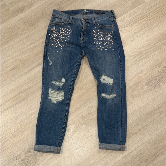 Women's Blue Distressed Jeans with Embellishments - Picture 1 of 4